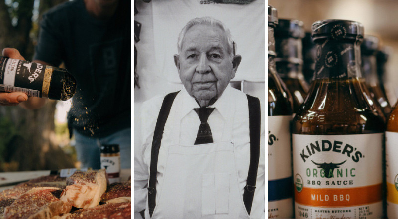 A three panel image, the first being a man shaking some Kinders steak seasoning over a sheet pan full of steaks outside on a barbecue grill, middle image is of WW2 Veteran John Kinder, and the last image is of the Kinder's brand organic BBQ sauce, more specifically 'Mild BBQ'