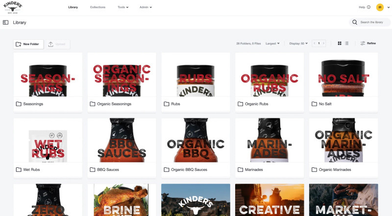 Kinder's digital asset management library, images of Kinder's different seasoning/sauces with large on brand font depicting each folders respective topics over images ranging from seasonings, to rubs to marinades to sauce.