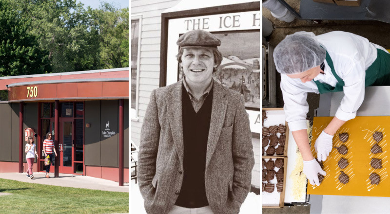 A three panel image, the first panel is the outside of the Lake Champion Chocolates company, a one story brown building with red accenting and yellow 750, image two is of Jim Lampan - owner, and the last image is an overhead view of a chocolatier making chocolate turtles on a yellow placemat.