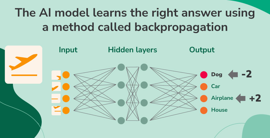 An illustration of an AI model learning the right answer by correcting the math on a few nodes and sending it back through over a green background.