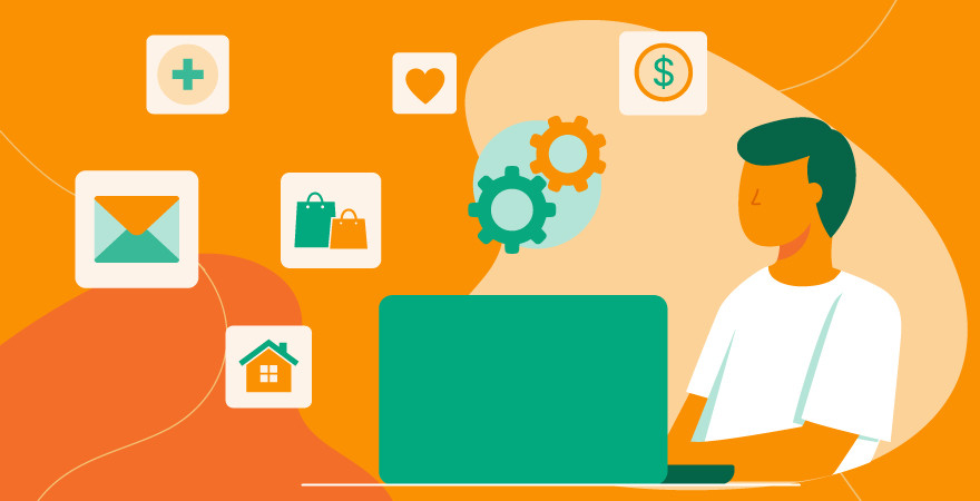 Hovering icons for real estate, healthcare, email, e-commerce, financial, and product reviews over an orange background.