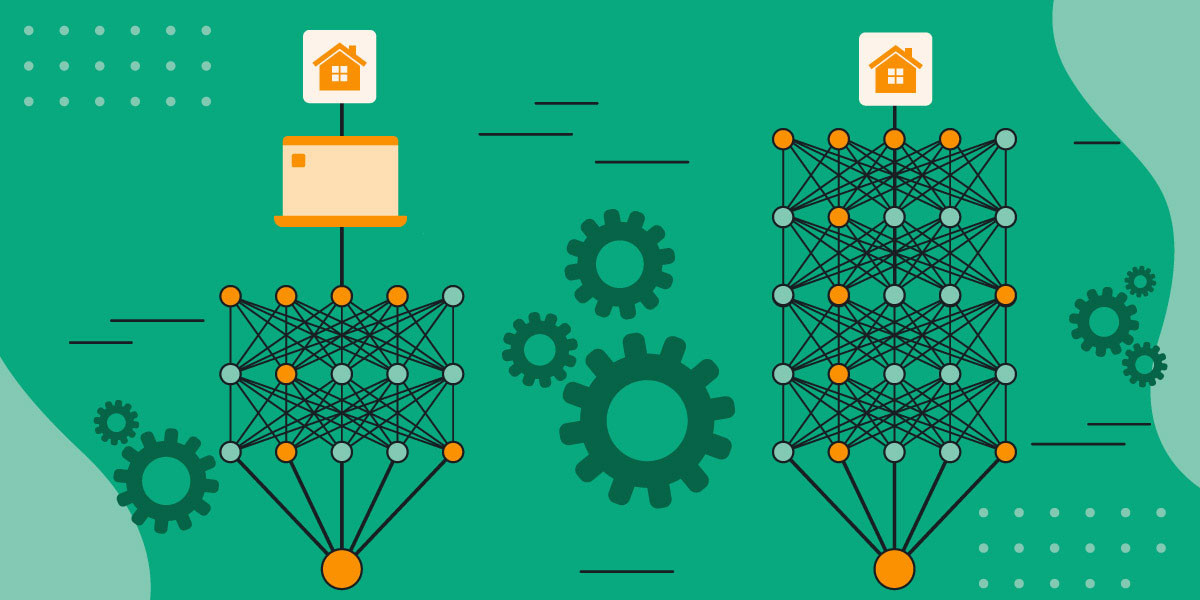 An image of a laptop in a shallow node machine learning model vs a deep node deep learning model over a green background with gears.