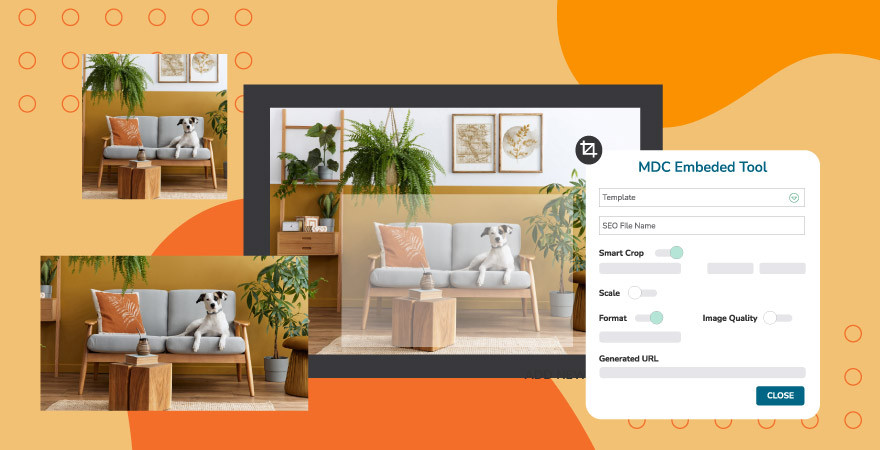 Differently sized photos of a love seat with a plant and UI elements of Canto on an orange background