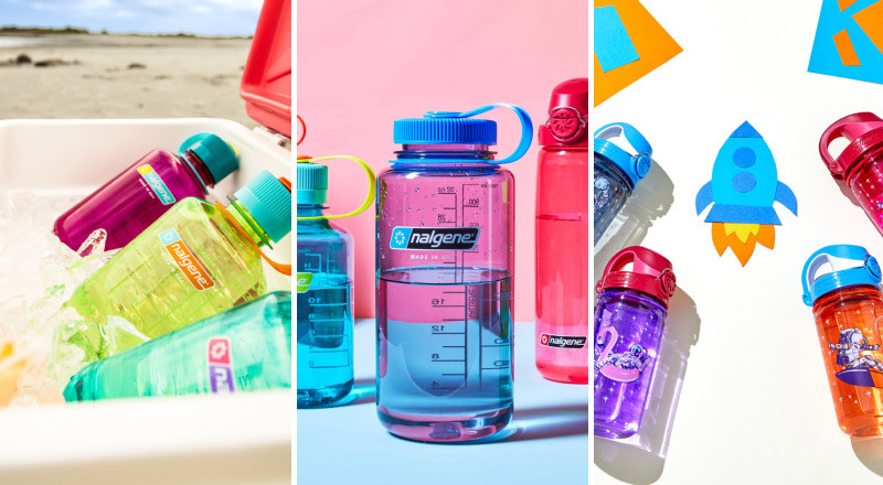 A three panel image, the first panel is of three Nalgene waterbottles bright clear blue, green and pink in a cooler with ice at the beach, the second image is of the dark blue nalgene bottle half full of water over a pink background and the last image is of a orange and blue rocket ship icon with the nalgene kids bottles around it