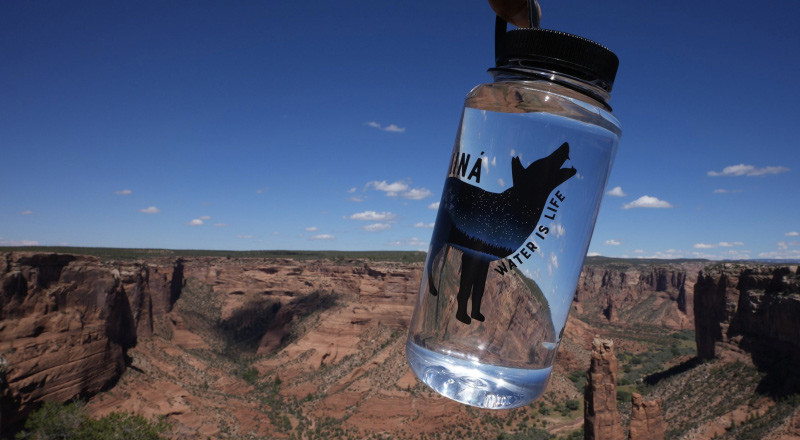 an image of a canyon landscape with a limited edition clear water bottle, and black silhouette of a wolf on the front with text 'water is life'