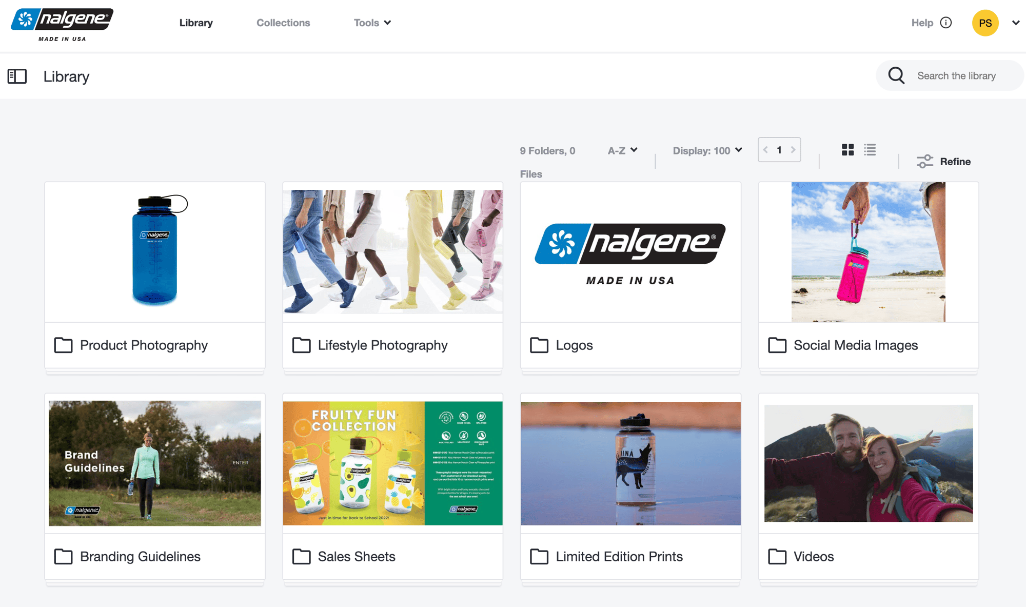 Nalgene's digital asset management library with images of Nalgenes brand logo, bottles, photography on the different sorted folders.