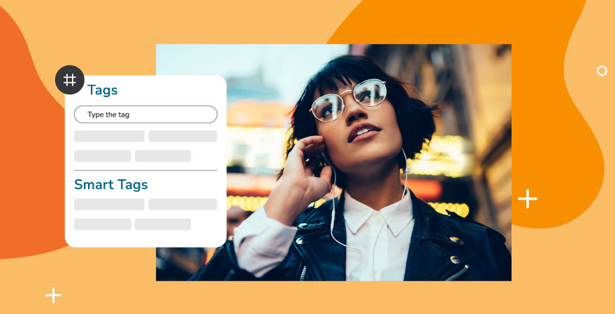 A woman on a cell phone and metadata search box 