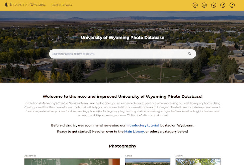 University of Wyoming's Canto portal an image header of the universities campus lay behind the search bar for the universities database