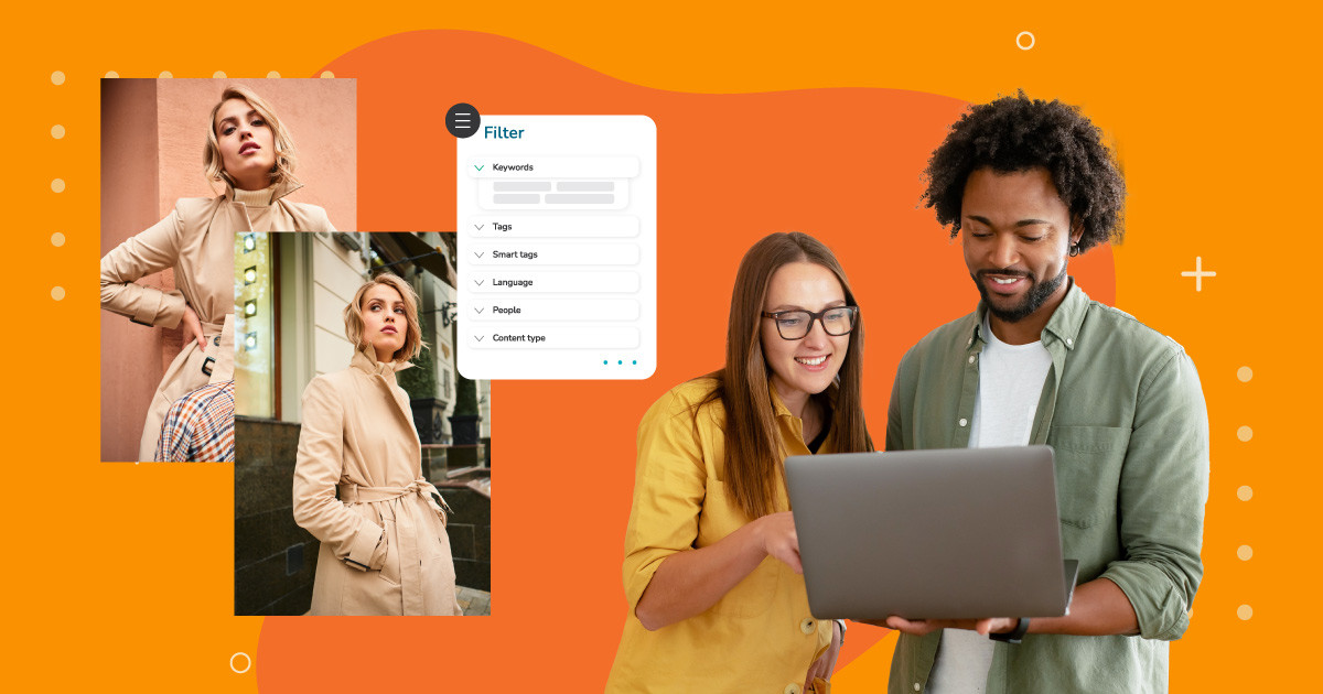 An image of two people on a laptop smiling using the filter to find two images of a model in a light colored jacket over an orange background.