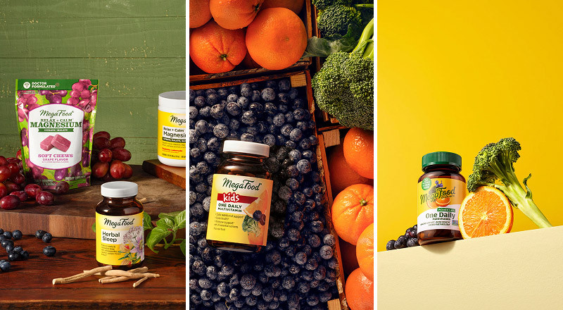 A three panel image, the first being an image of the Megafood vitamins, both chewable and pill packages with berries on a counter and cutting board, panel 2 is the vitamin chews for kids over a crate of blueberries with orange and broccoli heads lining the right edges the final panel is the MegaFood one daily vitamin on the edge of a wall with a couple of the same fruits as the second panel over a yellow background