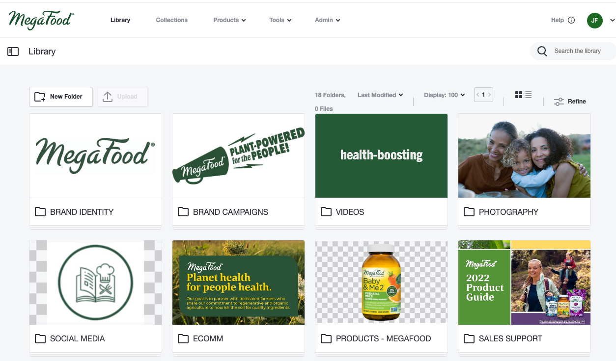 MegaFood Digital asset management library, images of the brands logos, advertisements and photography in folders