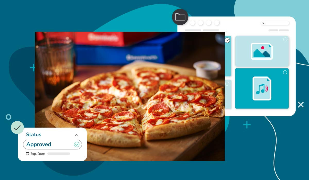 Photo of a sliced pepperoni pizza appearing in Domino's Canto library with an updated approval status.