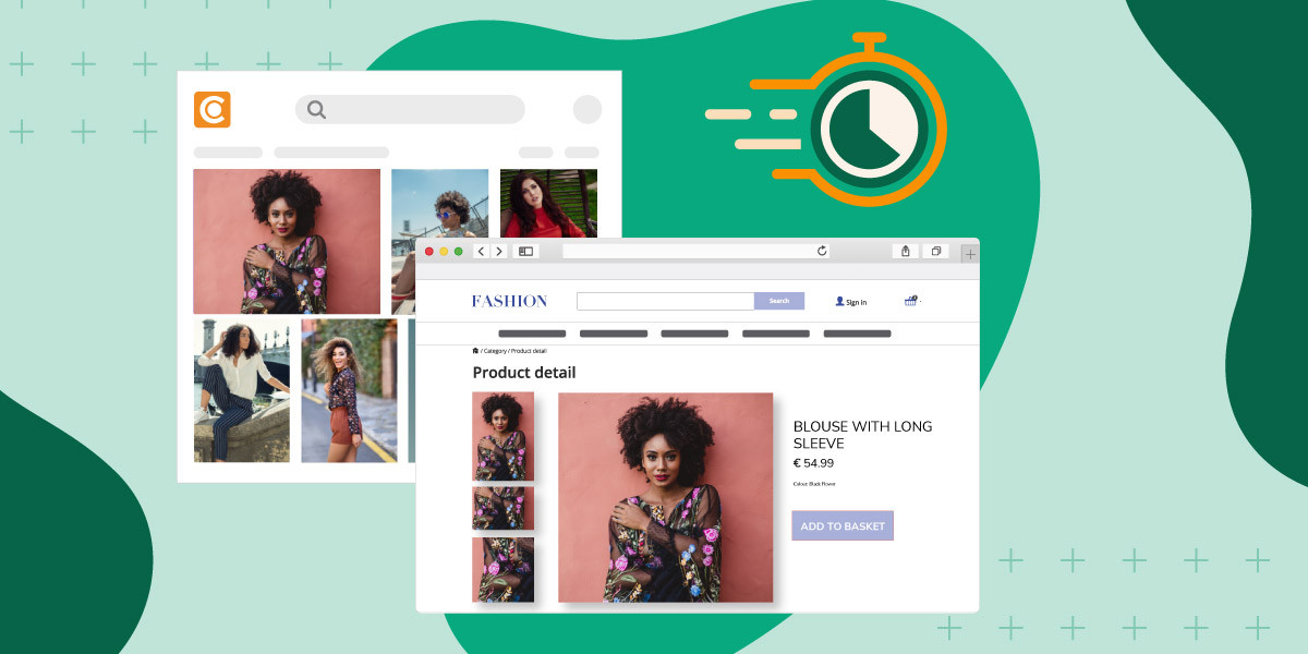 A graphic composite of a browser window displaying an online fashion store page with a person modeling a floral-patterned blouse, accompanied by product details and an illustration of a stopwatch, set against an abstract teal background.
