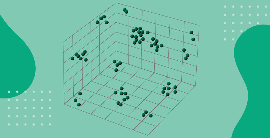 Image of a three-dimensional space of clusters of nearest neighbor descriptor dots on a green background.