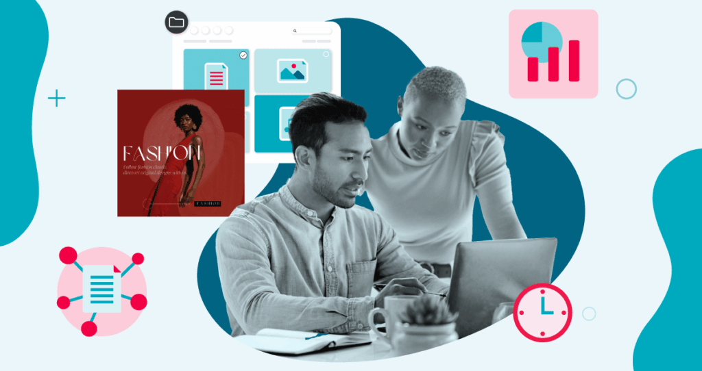 An image of two people looking at the computer with red icons of stats, sharing and timing, along with a red fashion campaign over a digital asset system all over a blue background