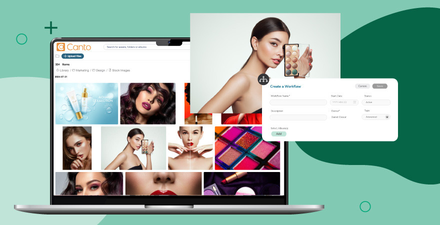 A screenshot of the Canto platform populated with images of female models and a new workflow being created over a green background.