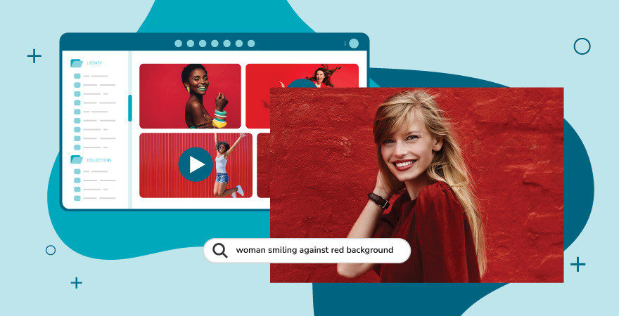 A digital asset management platform search interface finding an image of a woman using AI over a blue background.