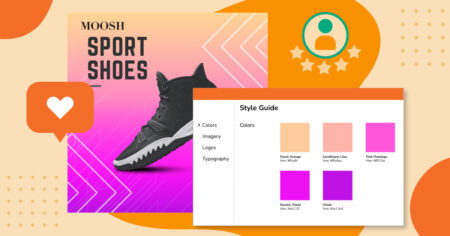 A bright sneaker ad appears alongside brand color guidelines showing specific shades of violet, pink, and orange.