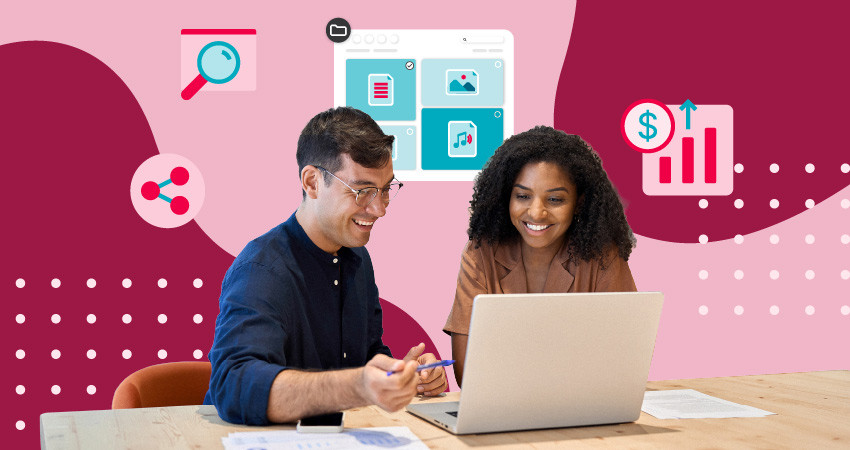 Two people looking at a laptop with different kinds of digital assets floating around them over a pink background. 