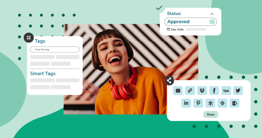An image of a smiling woman surrounded by different features of digital asset management (DAM): tags, smart tags, approval status, and sharing