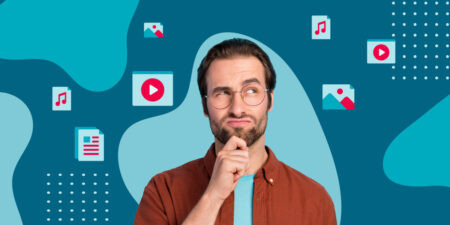 A person wondering what a digital asset is with various icons floating around them on a blue background