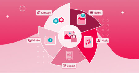Image of all components of digital rights management for DAM software over red background.
