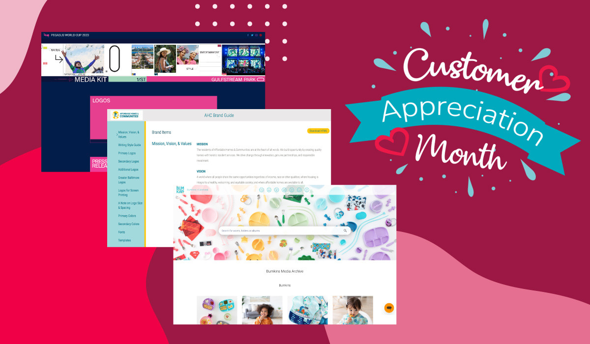 Three digital interface screenshots on maroon background; one outlines a media kit, another shows a brand guide, and the third features "Customer Appreciation Month" text with hearts.