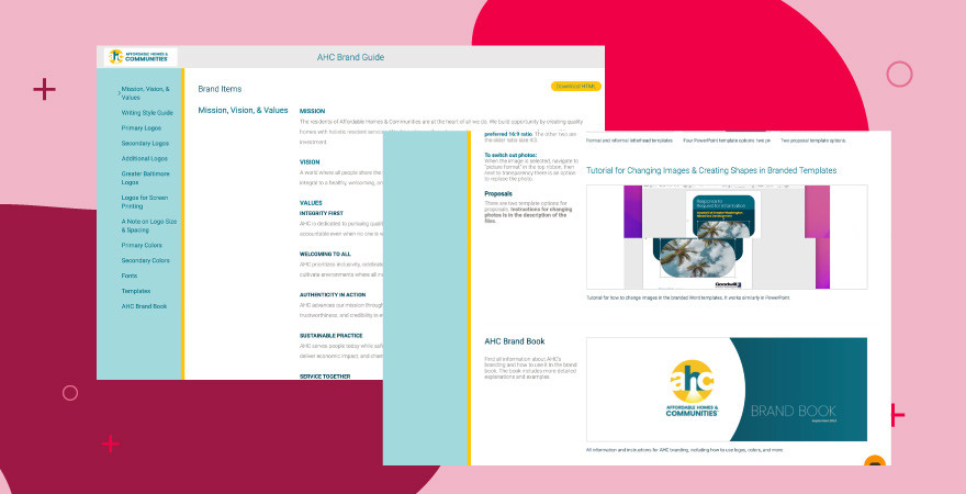 Screenshot of a brand guide webpage with a sidebar and tutorial images.