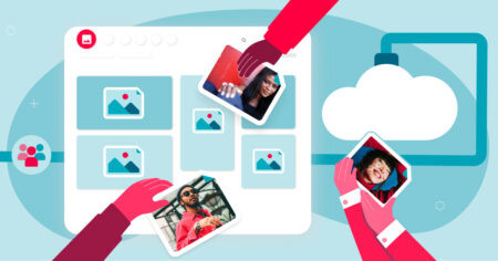 An illustrated image of red hands grabbing images from a digital asset library system to place onto a large cloud to the right of the system all over a blue background