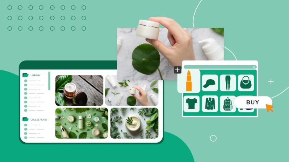 Images of product details in a digital asset management system for a green skincare company with images of models hands and earthy imagery all over a green background