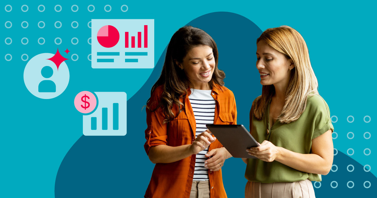Image of two women studying the latest digital content trends with blue icons representing trends and budgets over a blue background.