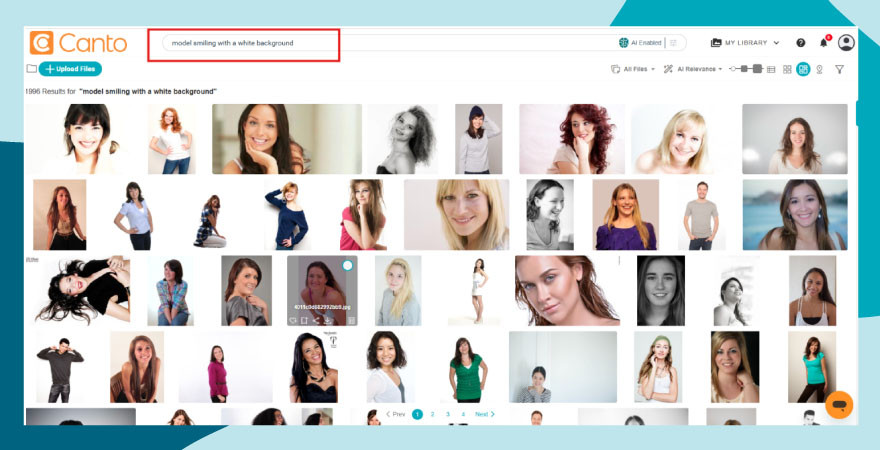 Search prompt inside Canto using AI Visual Search for "model smiling with a white background and many results appearing."