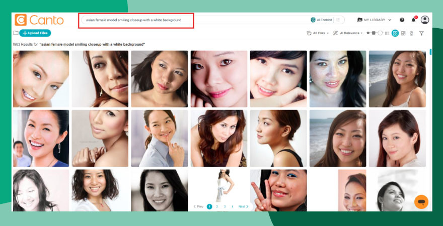 Prompt engineering improves search results inside Canto AI Visual Search using prompt "asian female model smiling closeup with a white background."