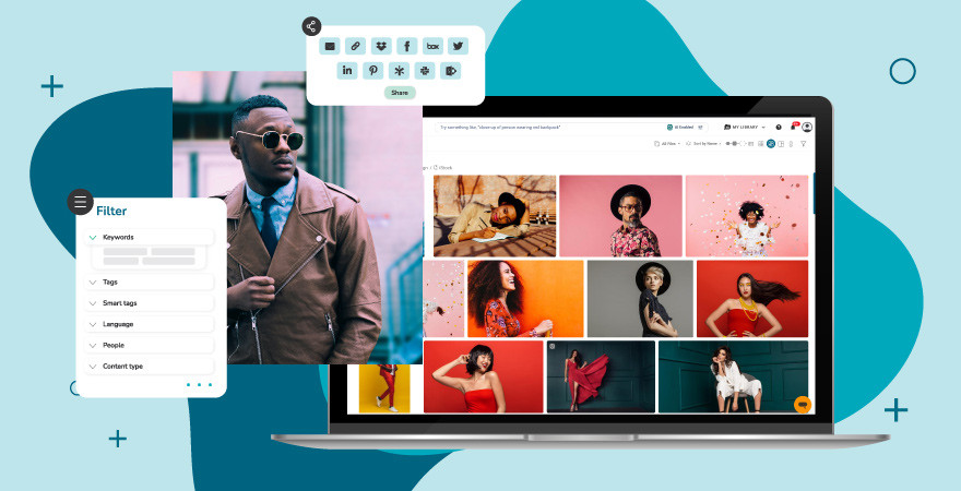Collage of a brand photography library on a laptop and screenshots of a brand photo, social media and other integrated app icons, and a metadata filter menu on a blue background, showing how a DAM platform streamlines digital content marketing by aiding in discovering and distributing content.