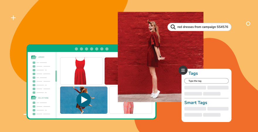 Collage of screenshots on an orange background, including a mocked-up, digital asset library, brand photography of a girl in a red dress in front of a red wall, metadata tags, and a search bar with the search term "red dresses from campaign SS4576" showing how a DAM platform streamlines digital content marketing by making content easily searchable.