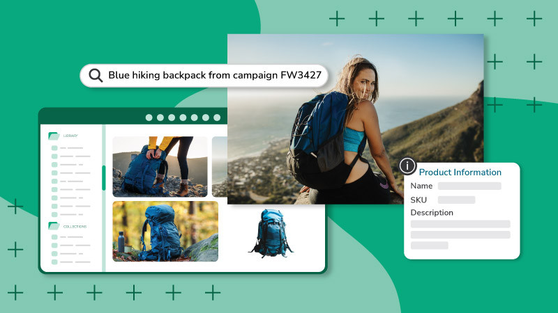 A layered image of a DAM image library system with a search bar that reads "Blue hiking backpack from campaign FW3427" an image of a woman in a blue backpack on a mountain with product information lay a top all over a green background