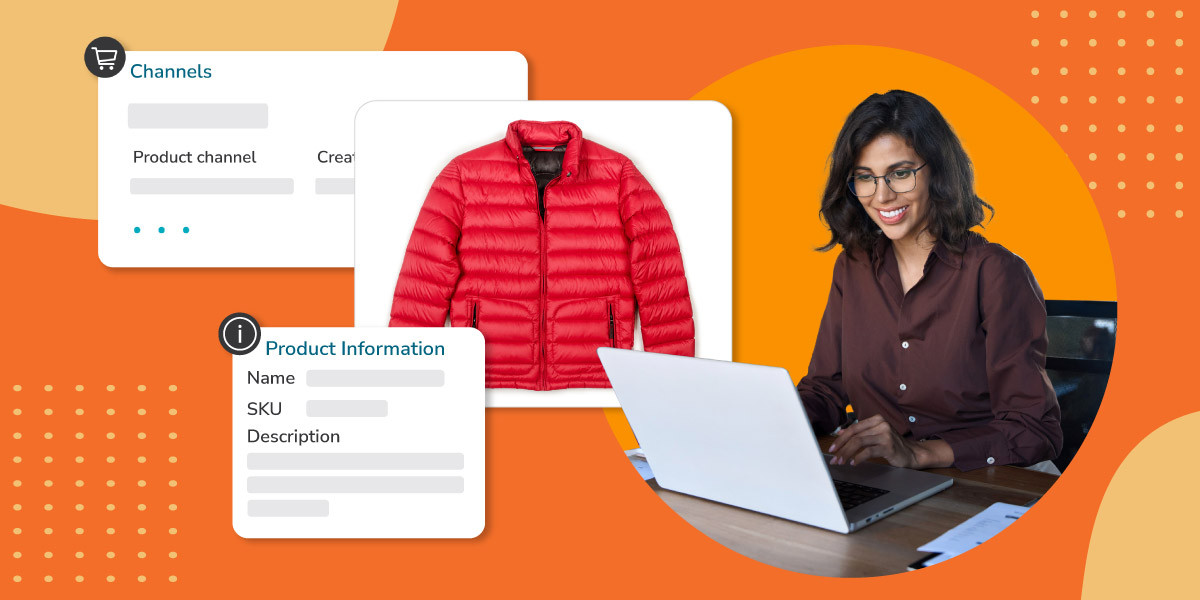 An image of a woman in a brown blouse looks at her laptop smiling with a red puffer jacket with product details float around all over an orange background