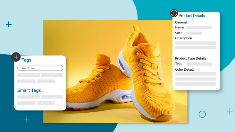 A three tiered image of yellow running shoes over a yellow background with smart tags and product detail information float on either side all over a blue background