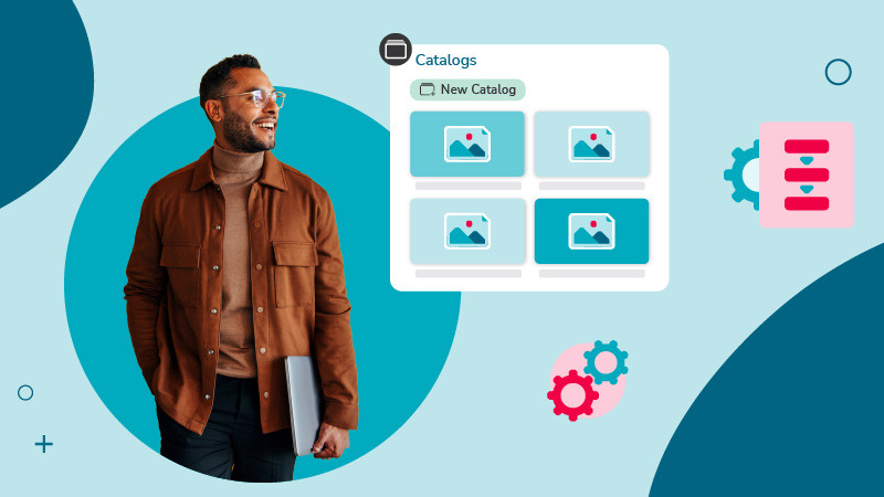 A smiling man holding a laptop next to a catalog management interface with image placeholders, settings icons, and a structured layout.