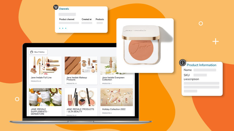 A laptop screen showcasing catalog management for beauty products, including categories, product information, and distribution channels.