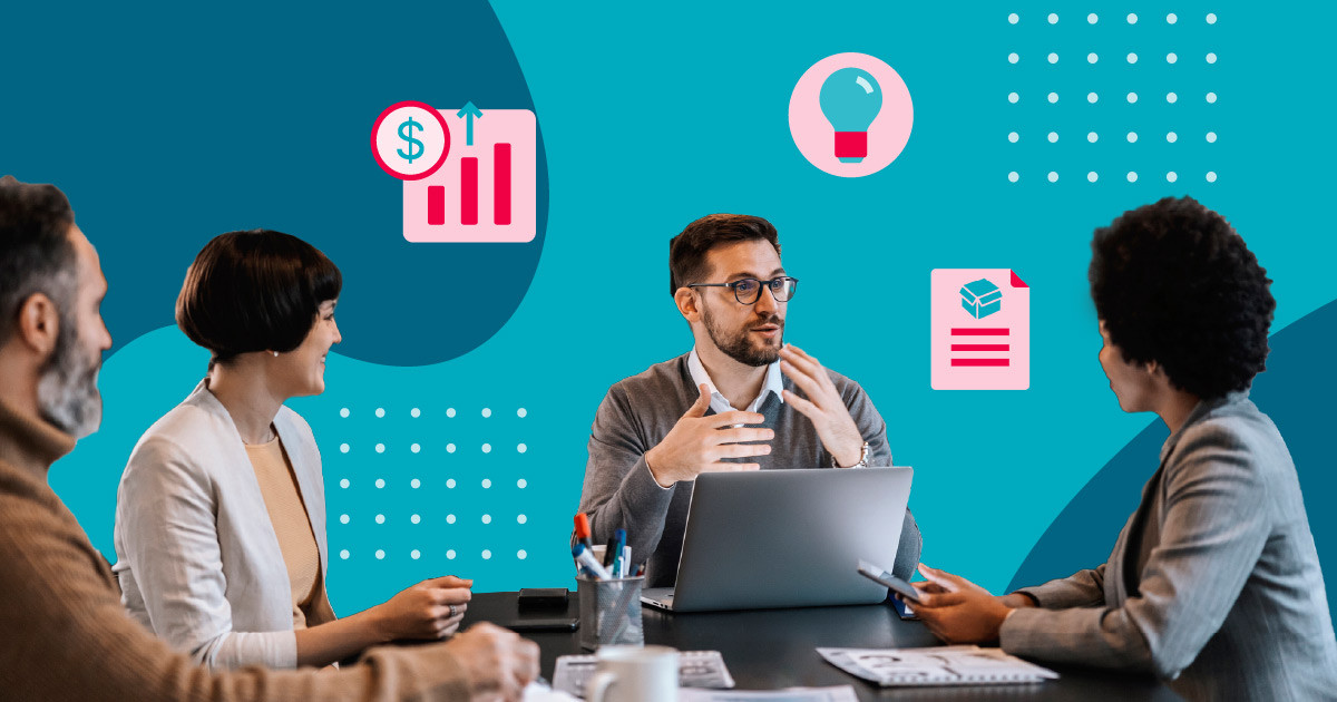 A business meeting with four professionals engaged in discussion, with a laptop open on the table. The background includes graphic elements such as a rising bar chart, a lightbulb, and a document icon, representing data-driven decision-making. This visual highlights the importance of a strong PIM integration strategy in streamlining product information management and driving business growth.