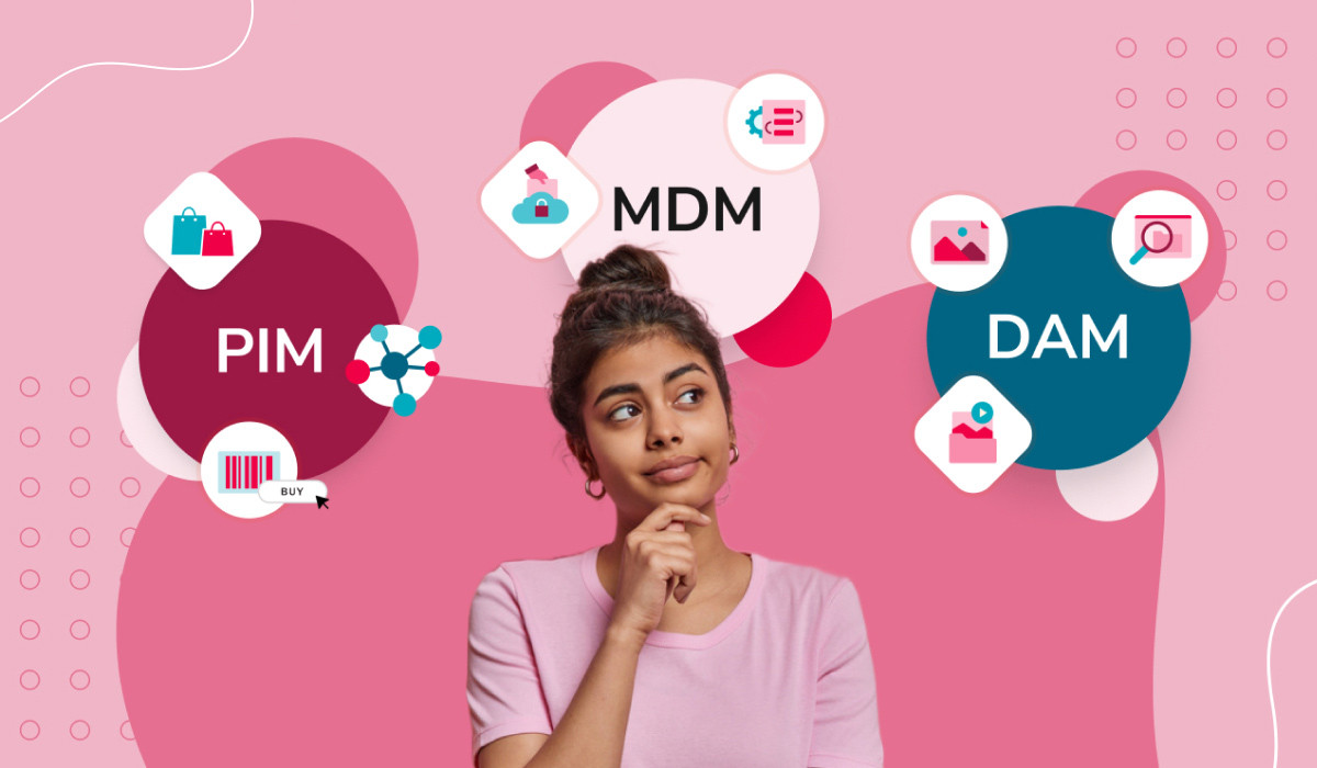 Visual representation of PIM vs MDM vs DAM, featuring a young woman in a pink shirt looking thoughtful. Surrounding her are icons representing product information management (PIM), master data management (MDM), and digital asset management (DAM), illustrating their interconnected roles in product data management.