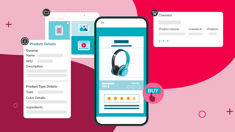 an image of an iphone with a shopping cart with a dam system behind the iphone is an illustrated dam system and product details and product channels float around all over a red background