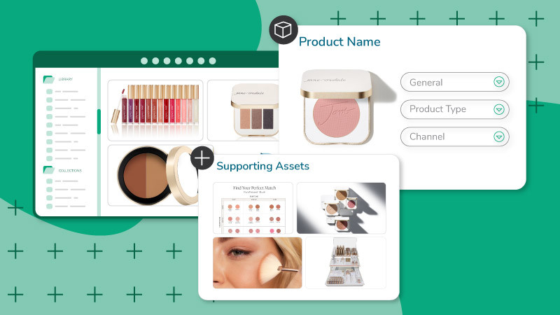 an image of a cosmetic companies DAM system with supporting assets and product details floating in front all over a green background