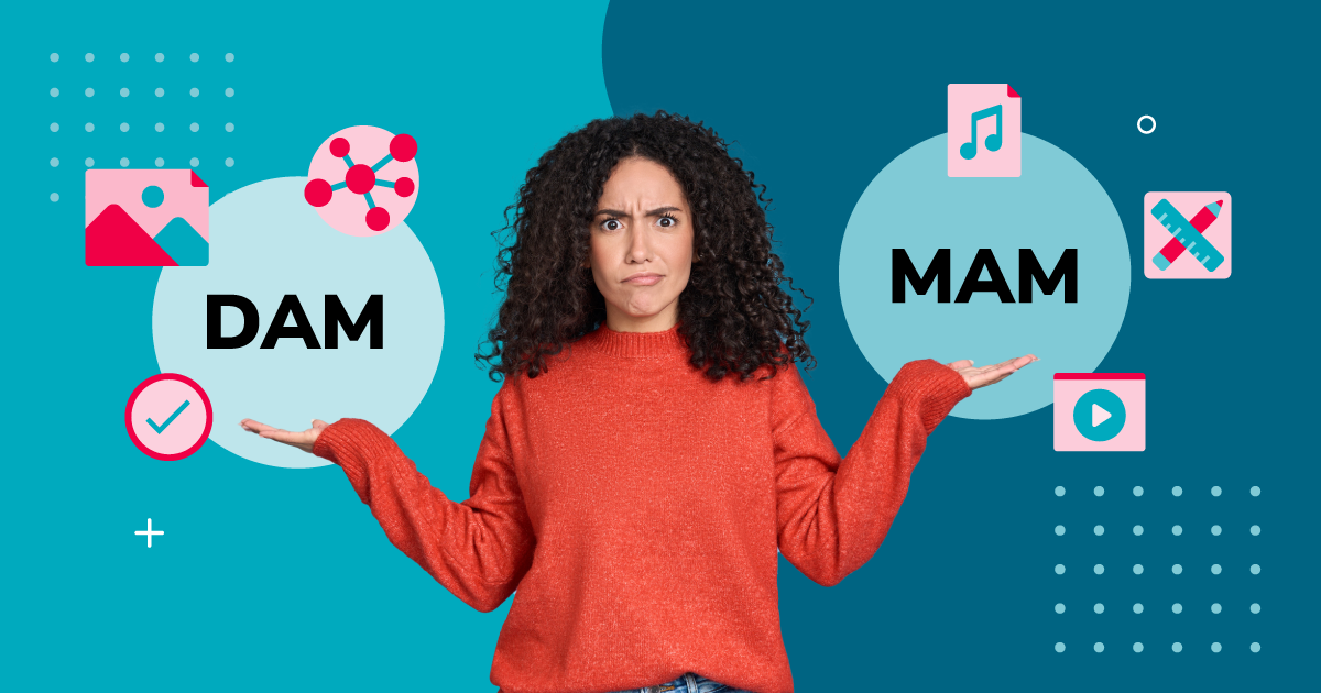 A woman in a red sweater looks confused with one hand holding a circle that reads "dam" with red icons of a photo, checkmark and sharing and her other hand holds a circle that reads "mam" with red icons of audio, video and writing over a blue background