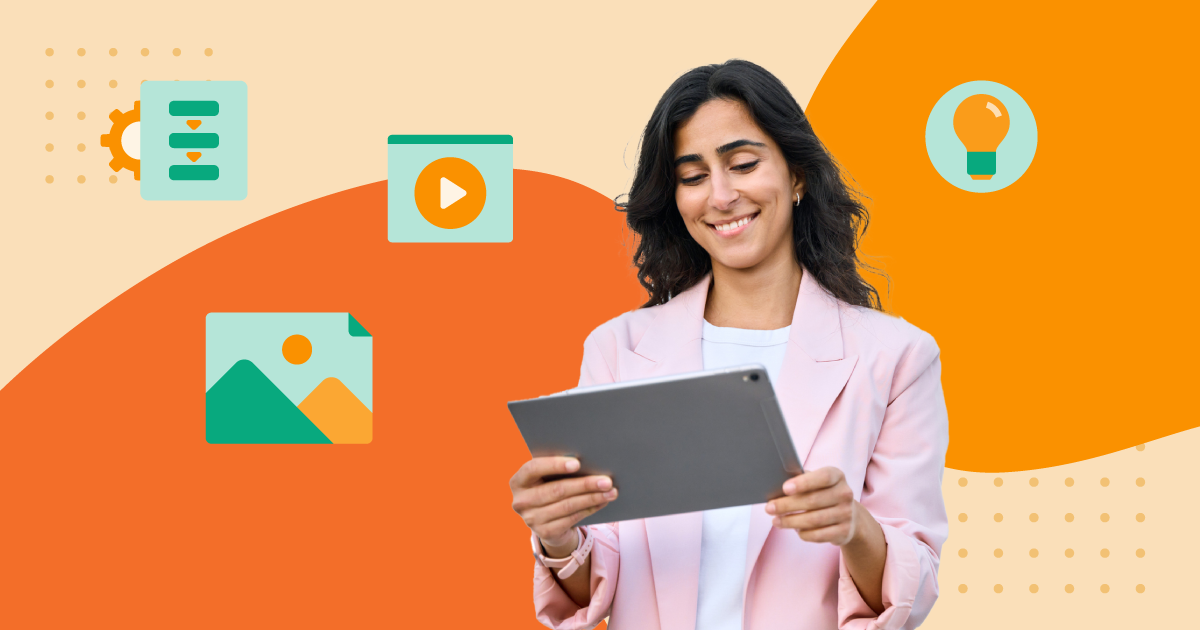 Smiling woman using a tablet against a colorful background with icons representing media files, automation, and creative ideas—symbolizing marketing collateral.