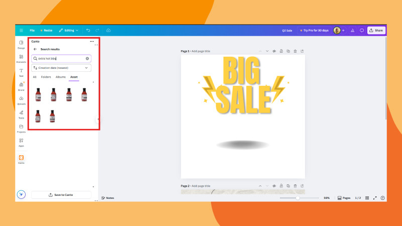 An image of the Canva interface with the Canto dam integration in the side bar, all over an orange background.