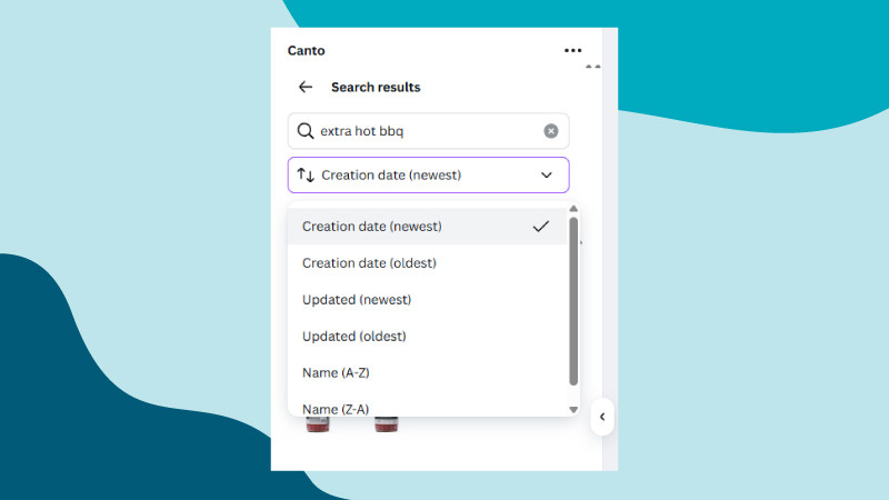 An image of the Canto and Canva integration using the creation date tab. All over a blue background