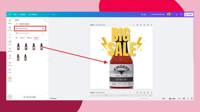 Canva image editing interface using the Canto AI search for easy asset findings all over a red background