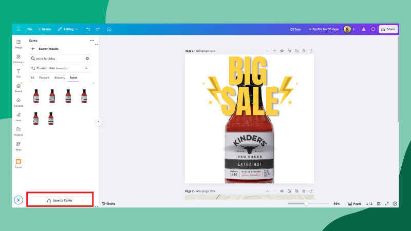 Canva image editing interface using the 'save to canto' to easily save assets straight into the DAM library. Over a green background.
